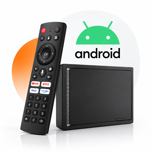 An Android media player box beside its remote control, under the Android mark