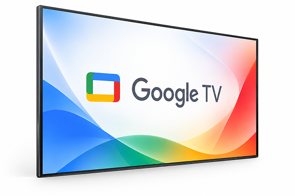 A wall-mounted commercial display showing the Google TV mark