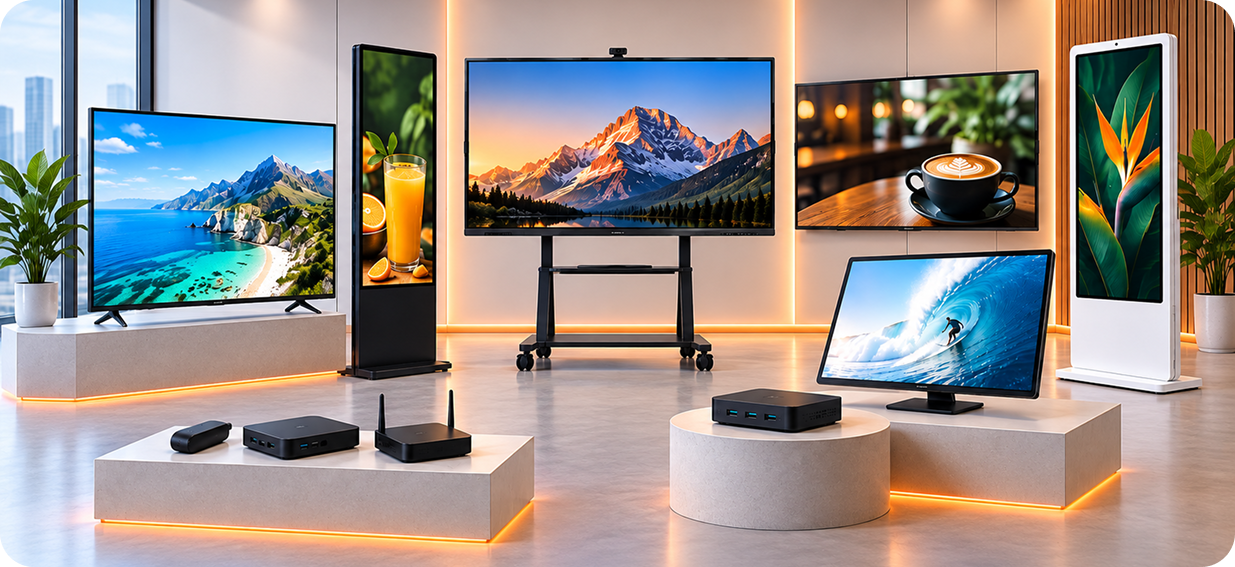 A showroom of signage hardware: wall-mounted screens, portrait totems, a rolling display stand, a desktop monitor and a row of Android media players
