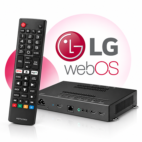 An LG webOS commercial media player beside its remote control, under the LG webOS mark