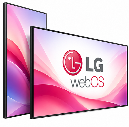 Two LG webOS commercial displays, the front one showing the LG webOS mark