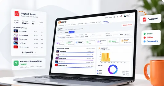 The Imagine reporting dashboard on a laptop, showing playback and uptime figures