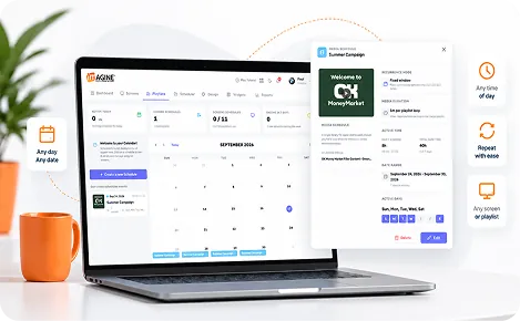 The Imagine scheduler on a laptop, with a campaign calendar and its settings