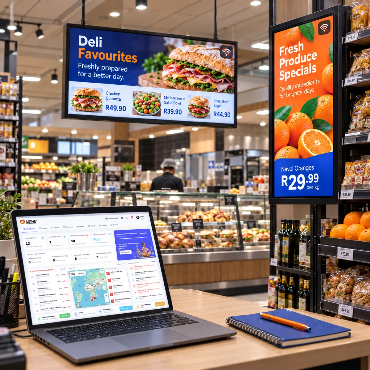 Supermarket digital signage screens playing promotions, managed from the Imagine dashboard on a laptop
