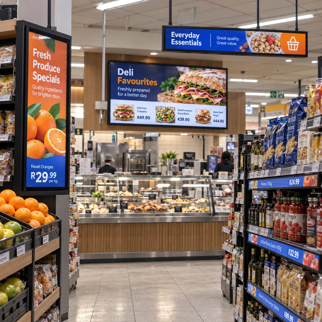 Imagine digital signage on portrait, landscape and banner screens of different sizes throughout a supermarket