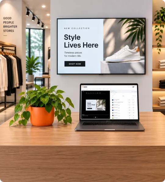 An Imagine screen above a laptop running the dashboard, in a clothing store